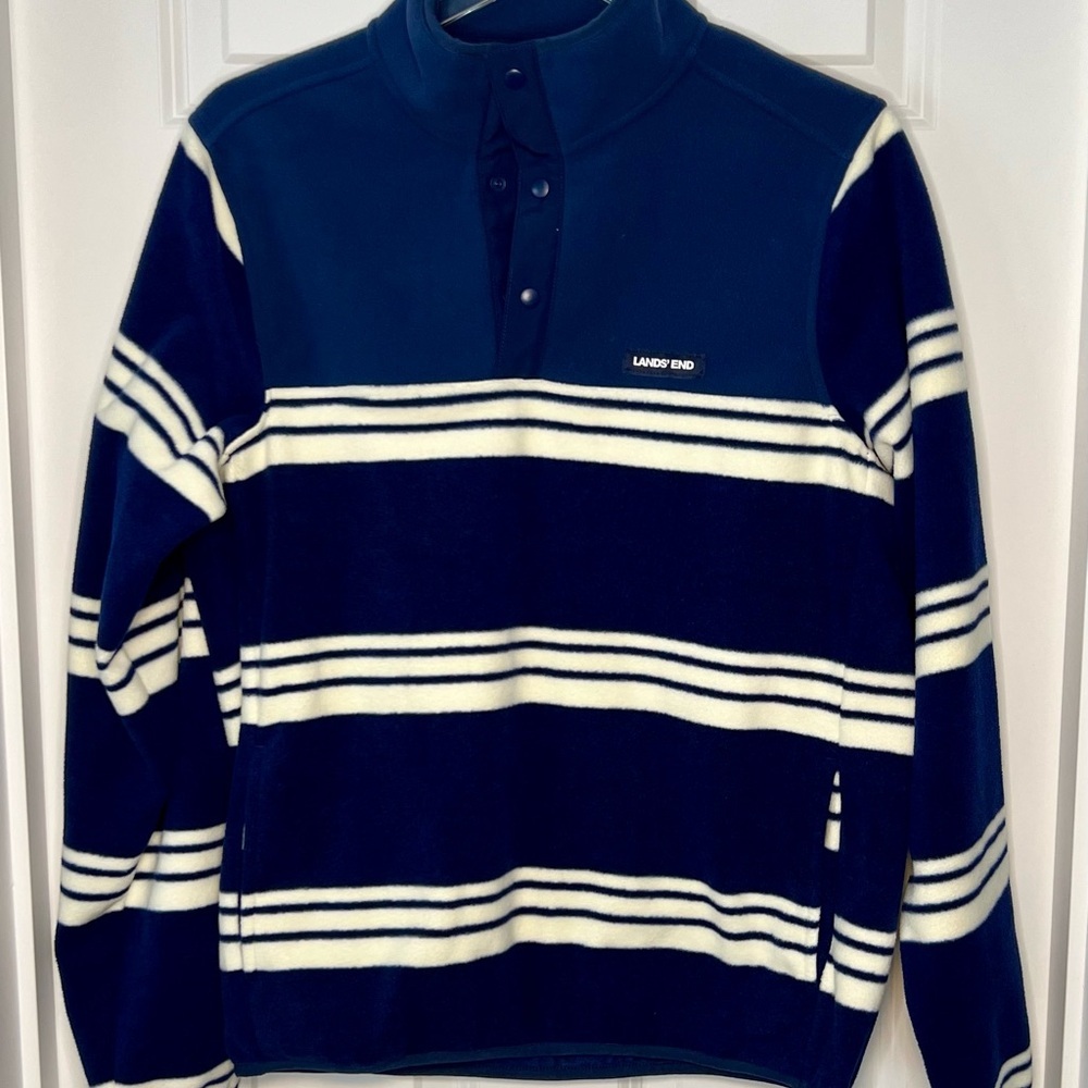 Lands' End Men’s Blue and White Zip Up Fleece Pullover with Stripes sz S - NWOT
